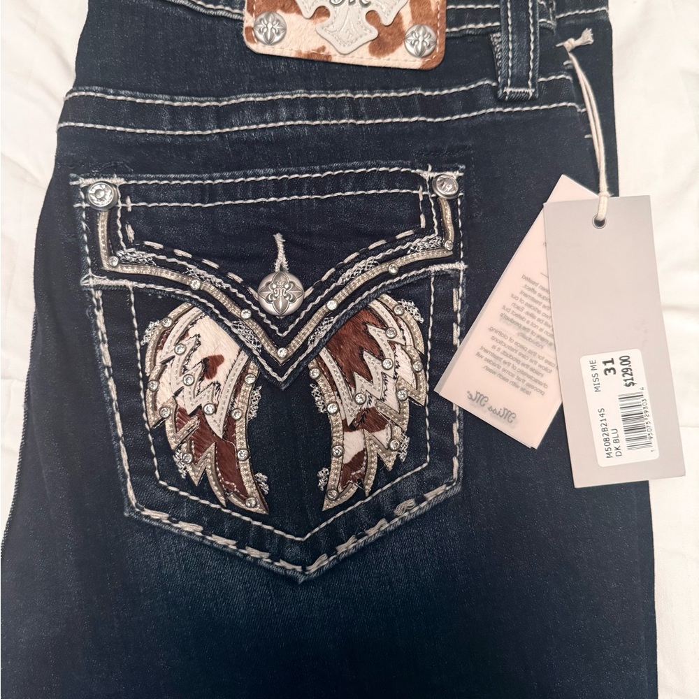 Miss Me Dark Blue Bootcut Jeans with Brown & Cream Embroidered Pockets